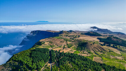 Scenic drone landscape of the Hoya de Fireba volcano crater on El Hierro Island, Canary Archipelago, Spain, Europe