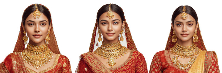 Set of WeddingSutra bride in full bridal look wearing Azva gold jewellery set on transparent png background. Ai generated