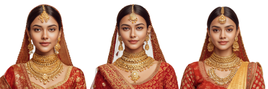 Set of WeddingSutra bride in full bridal look wearing Azva gold jewellery set on transparent png background. Ai generated