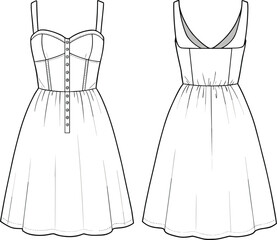 Summer dress fashion CAD drawing, sleeveless short dress flat sketch, front and back view, vector design illustration, technical template