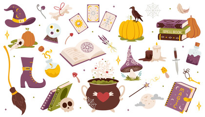 Mystical Halloween illustration in witch aesthetic. Magical still life with spellbook, tarot cards, potions. Perfect for fantasy, occult, horror and mystical design projects. Flat vector illustration.