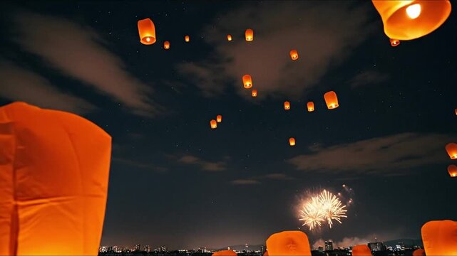 Sky lanterns illuminate the night sky during a festival, creating a magical and festive atmosphere.
