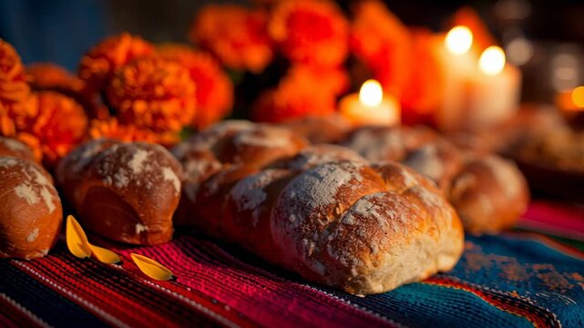 Pan de muerto bread and marigold flowers for Day of the Dead celebration with lit candles on a colorful blanket for an altar, footage.