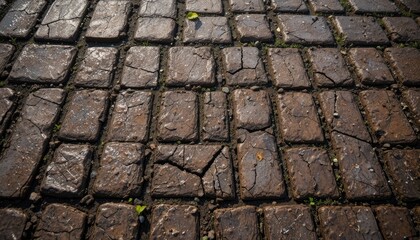 Abstract texture of old gray cobblestone pavement and weathered wooden shingle roof tiles