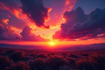 Fototapeta premium Epic sunset over a vast, dramatic landscape Fiery orange and purple hues paint the cloudscape, offering a breathtaking vista perfect for various design projects , atmosphere, day