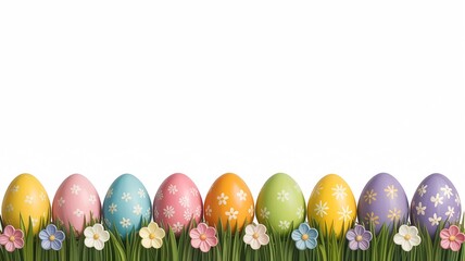 Fototapeta premium Colorful Easter eggs and flowers in grass on white background 