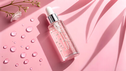 Photo of girl hold show pink liquid serum bottle isolated pastel color background