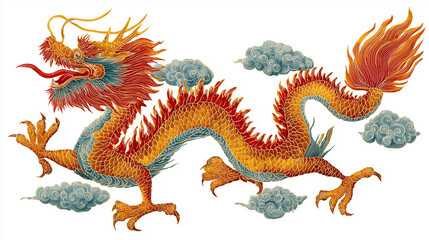 Colorful illustration featuring traditional Chinese dragon with intricate scales, fiery details, and ornamental clouds in the background, symbolizing power, luck, and culture.