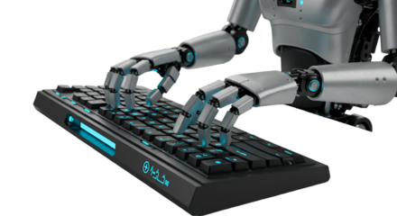 A metallic robot meticulously typing on a modern keyboard coding the future with glowing blue keys on a clean dark sharp