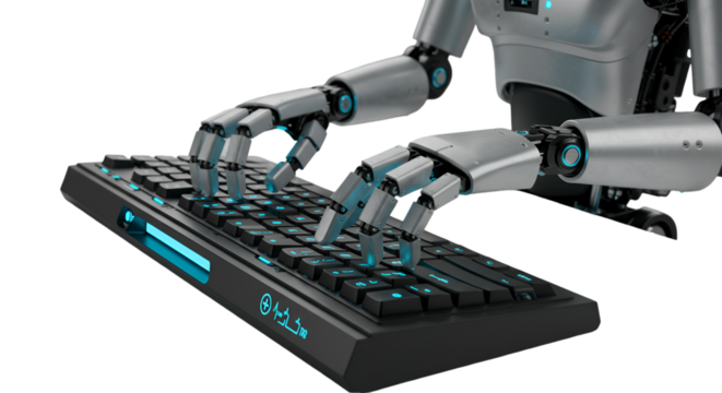 A metallic robot meticulously typing on a modern keyboard coding the future with glowing blue keys on a clean dark sharp