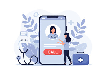 Flat style Vector illustration of a woman using a smartphone for online doctor consultation, symbolizing telemedicine, healthcare technology, remote medical services, and digital health solutions