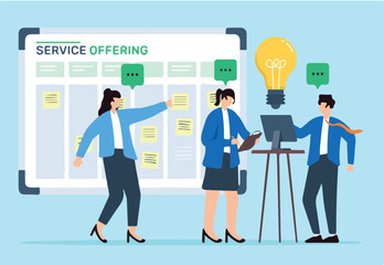 Vector illustration of business team brainstorming new service offerings with sticky notes on whiteboard market expansion