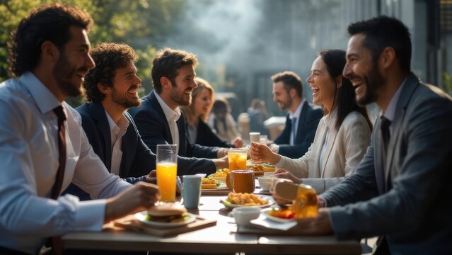 Joyful Business Lunch: Colleagues Laughing, Dining Outdoors, Sunny Atmosphere.