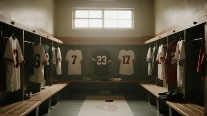 Empty sports locker room with jerseys hanging on wooden lockers and benches