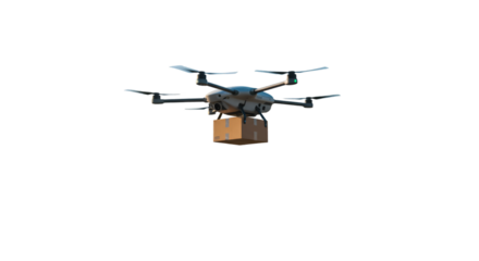 The future is now a delivery drone carries a package swiftly and silently illuminated against a stark black background