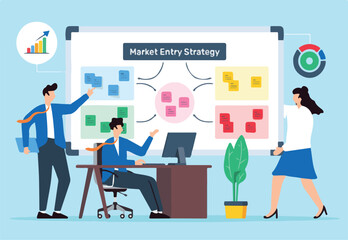Vector illustration of business people planning market entry strategy with sticky notes on whiteboard geographic expansion