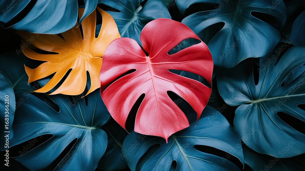 Poster monstera leaves in blue, yellow and red, artfully arranged for tropical vibes. this is ideal for add