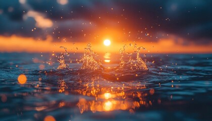 Fototapeta premium Golden sun illuminates water splash at sea, dark clouds create dramatic contrast. Use for themes of nature, summer, tranquility, or a powerful visual metaphor.