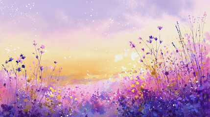 Elegant wedding invitation card background watercolor pictures Natural little a Lavender flower field in a lifestyle style expressing wonder with pastel floral shades and golden lighting harmony