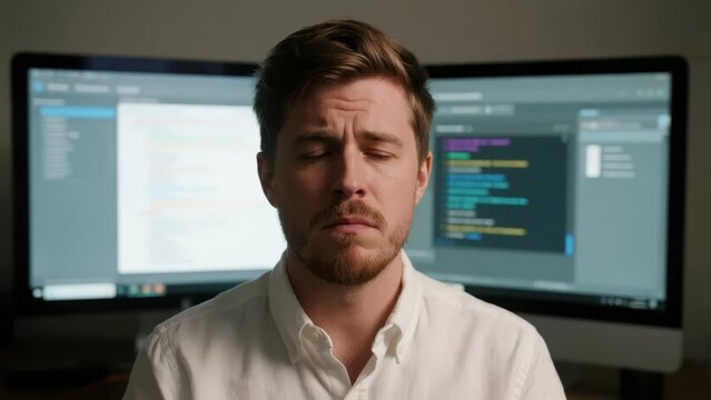 A man with eyes closed in front of dual computer monitors displaying code