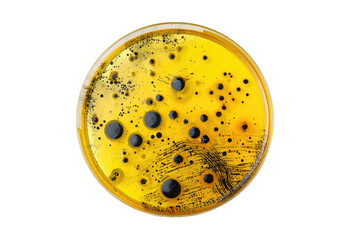 Petri dish with vibrant yellow agar medium displaying dark, irregular colonies and black dots
