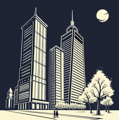 Fototapeta premium Urban Nightscape A Modern City Scene with Towering Skyscrapers and a Tranquil Moonlit Sky Above the City Park