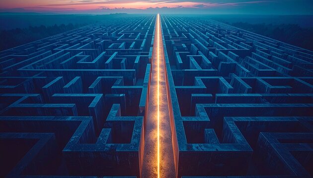 Straight illuminated path cutting through a vast, complex maze at dawn, symbolizing challenge, solution, and clear direction.