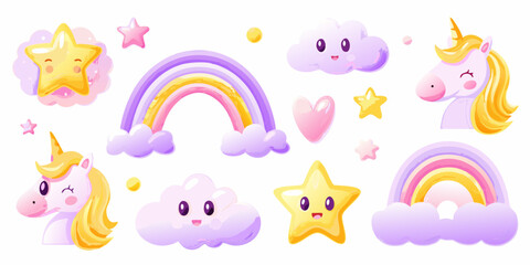 Cute cartoon unicorn clouds rainbows and stars with happy faces on white background
