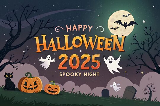 Happy halloween 2025 spooky night with pumpkins ghosts and bats