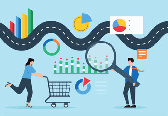 Customer journey mapping, visualizing interactions with brand, improving client experience concept vector illustration. Business analyst navigating winding road 