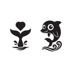 whale tail and dolphin vector – cute ocean silhouettes with heart splash and waves on white background