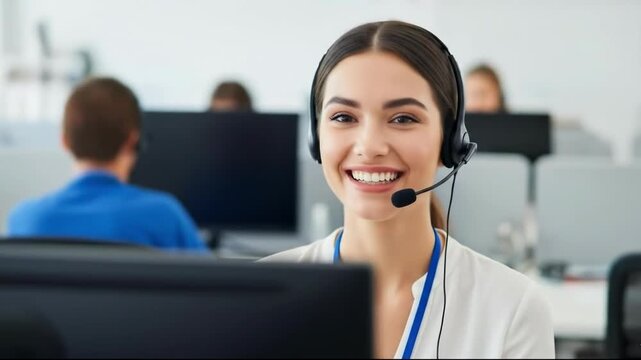 Smiling female customer service representative wearing a headset in a modern office environment, looking at the camera