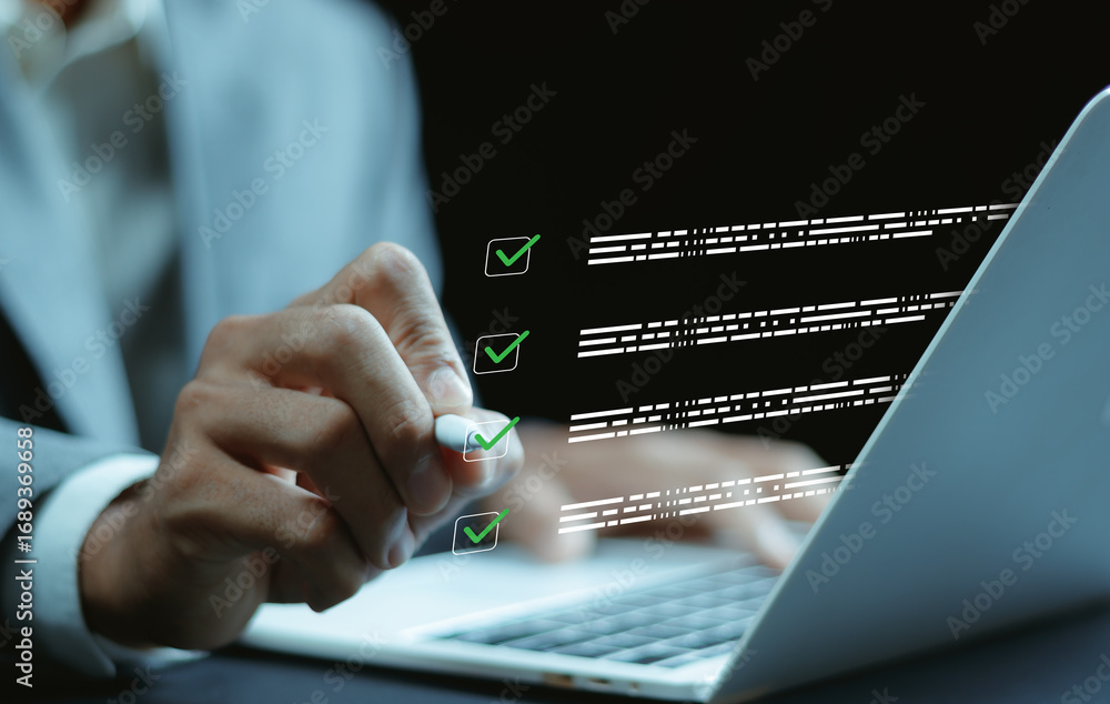 Poster online survey and digital form checklist by tablet computer, document management checking system, on
