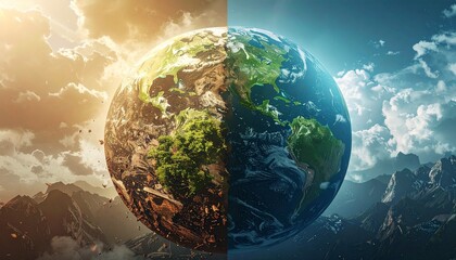 Fototapeta premium Planet Earth split: vibrant green healthy side versus dry barren polluted land. Global warming, climate change, environmental crisis concept.