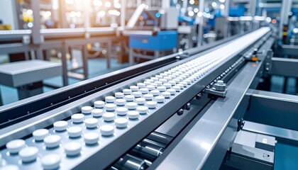 Pharmaceutical production line with pills on conveyor belt