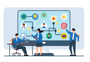 Flat illustration of team using flow diagram to explore different career strategies and opportunities on computer screen