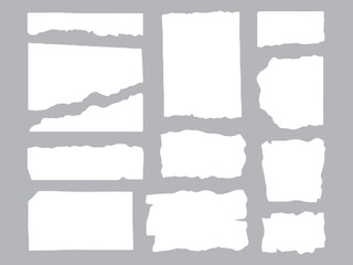 Set of white torn or ripped paper sheet. Scrapbook edge, notebook tear or blank page split vector illustration.