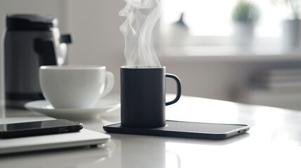 Black mug with steam rises from wireless charger