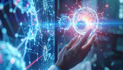 Scientist hand interacting with futuristic holographic display showing biological cells or virus structure. Medical technology research and innovation concept.