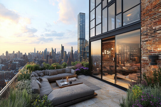 Couch and table on rooftop.