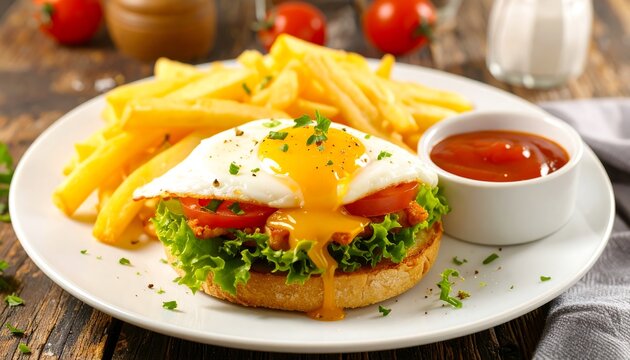 Breakfast sandwich with runny egg and fries