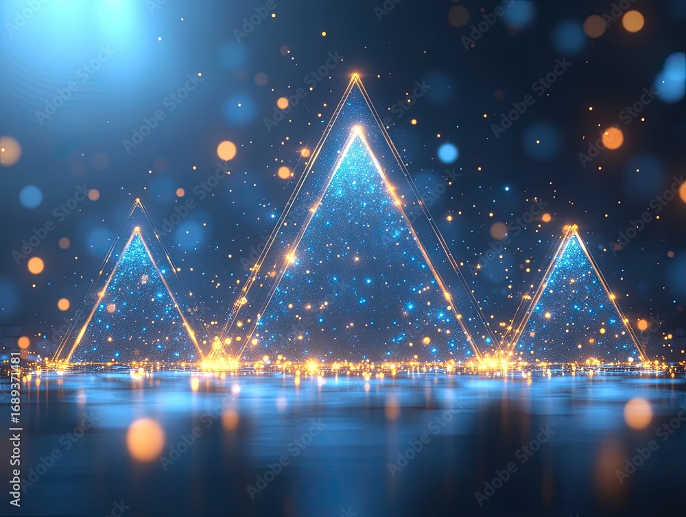 Poster abstract blue triangles glow with orange bokeh and sparkling blue light. use this image to represent