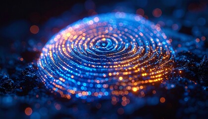 Futuristic digital fingerprint representing biometric security and data protection. Abstract technology concept with glowing lines.