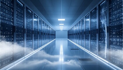 Obraz premium Futuristic Data Center Corridor with Glowing Server Racks and Digital Cloud Fog. Modern Computing Infrastructure and Network Technology.