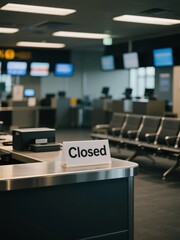 Fototapeta premium Closed sign on a counter in an empty airport terminal