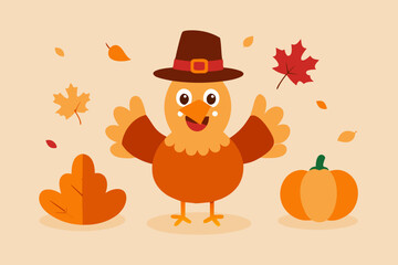 Happy pilgrim turkey with pumpkin and autumn leaves