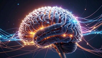 Conceptual image of a glowing human brain with active neural networks, representing intelligence, AI, memory, and cognitive thought processes.