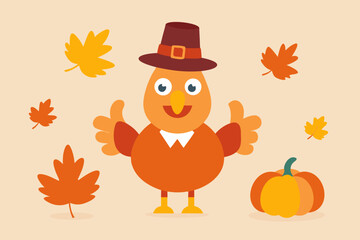 Happy thanksgiving turkey with pumpkin and fall leaves