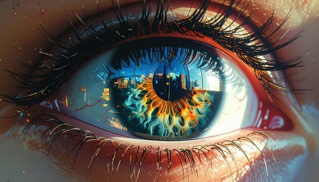 Vibrant human eye with futuristic, colorful iris reflecting a digital cityscape, symbolizing vision, AI, and advanced perception
