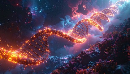 Glowing DNA double helix in cosmic abstract background. Genetic engineering, futuristic biology, science research, digital data, innovation concept.